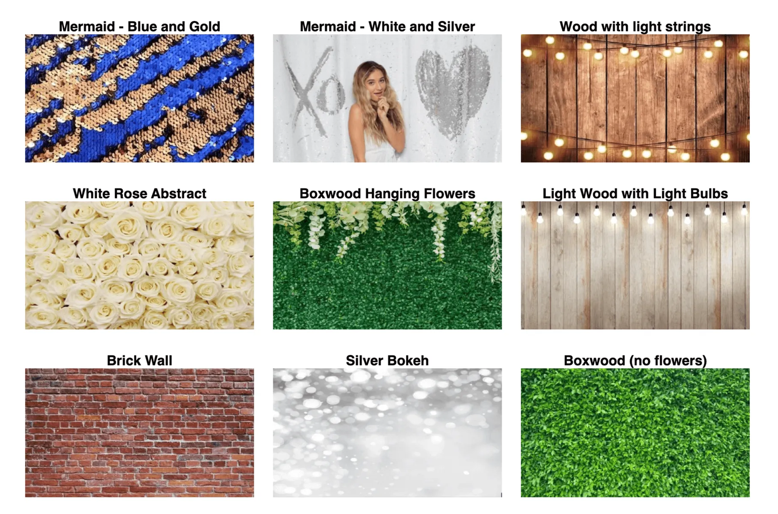 MD Mojo photo booth backdrop styles including mermaid sequin, rose, boxwood, wood, brick, and bokeh
